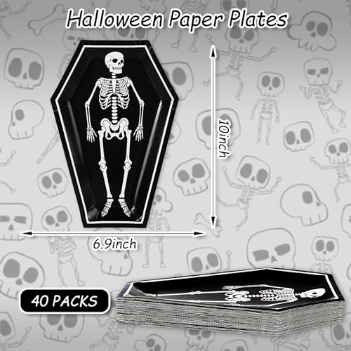 Skeleton Coffin Halloween Paper Plates 40 Pack - Black & White 10 Inch Disposable Tableware - Skeleton Coffin Variation