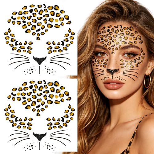 2 Sheets Glitter Leopard Face Tattoos for Women - Cheetah Costume Accessories