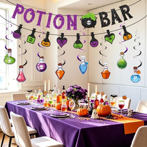 Halloween Potion Bar Banner with Glitter Swirls and Bats - Haunted House Party Decor