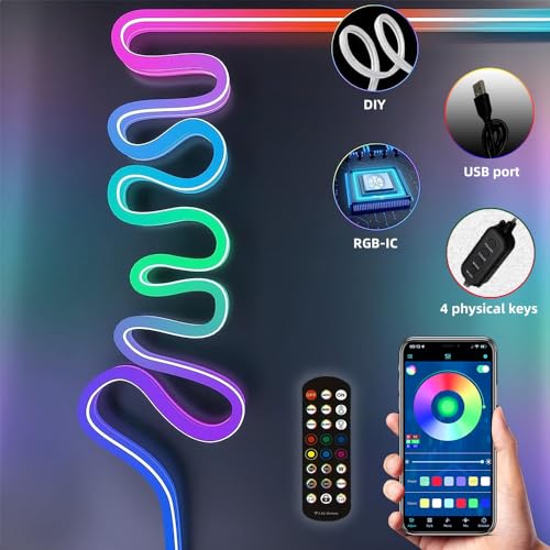 USB RGB LED Neon Rope Light Strip with Remote & App Control - Music Sync, DIY Decor, 9.8FT