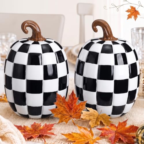 Large Black and White Resin Pumpkin Halloween Decor - 8.6 Inch Set
