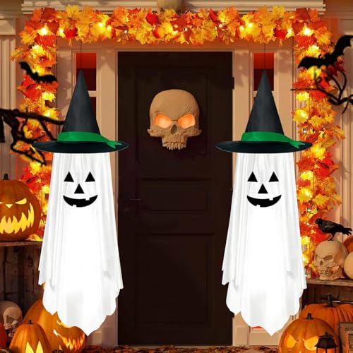 White Halloween Hanging Pumpkin Ghost Decorations - Outdoor Party Decor, 2 Pack