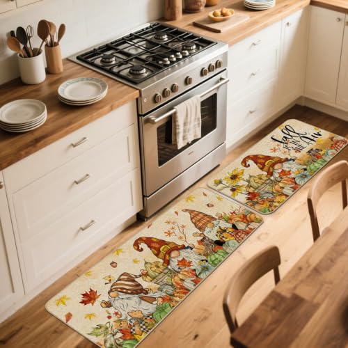 Fall Gnome Kitchen Rugs Set of 2 - 17x29 & 17x47 Inch Autumn Decor