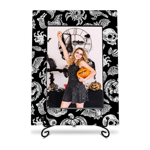 Halloween Photo Frame with Metal Stand - Black & White Pumpkin Ghost Spider Scene, 4x6 Inch Picture Frame, Halloween Decor