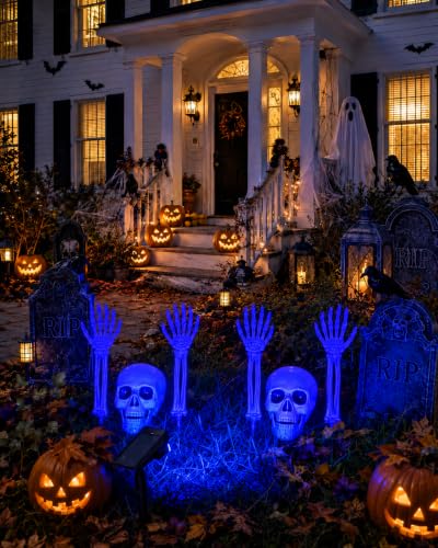6+1P Halloween Skeleton Decorations Outdoor with Solar Spotlight & 2 Skull