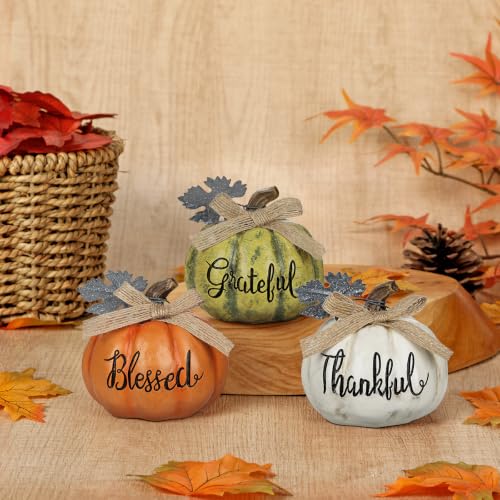 Fall Pumpkin Decor Set - 3 Mini Resin Pumpkins with 'Grateful', 'Thankful', 'Blessed' - Style 7
