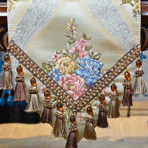 Luxury Velvet Table Runner 120 Inches Long with Damask Jacquard Design - Beige, X-Variation