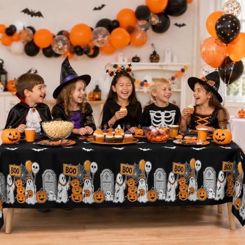 3 Pack Halloween Plastic Tablecloth - Black Ghost Pumpkin Design, 54x108 Inch