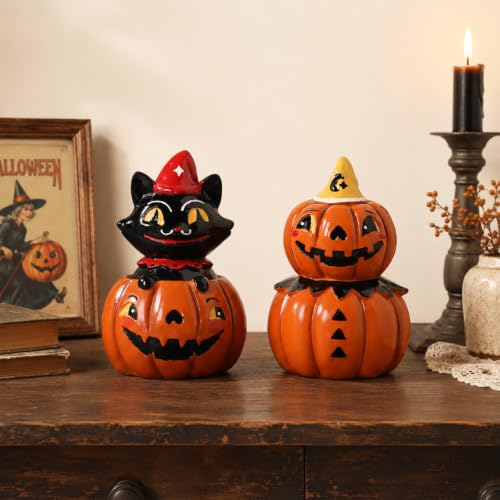 Halloween Decor Black Cat & Pumpkin Resin Figurines - Indoor Festive Table Centerpieces
