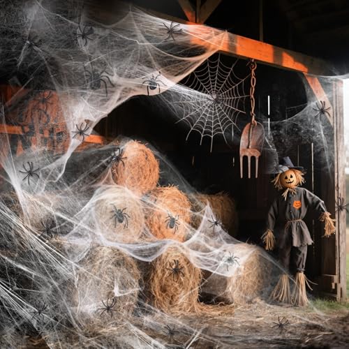 Halloween Spider Web Decorations with Fake Spiders - Stretchy Cobwebs for Indoor Outdoor Party