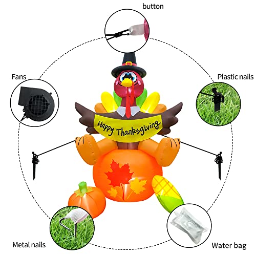 6FT Thanksgiving Inflatable Turkey Sat on Pumpkin with LED Lights - Outdoor Yard Decorations