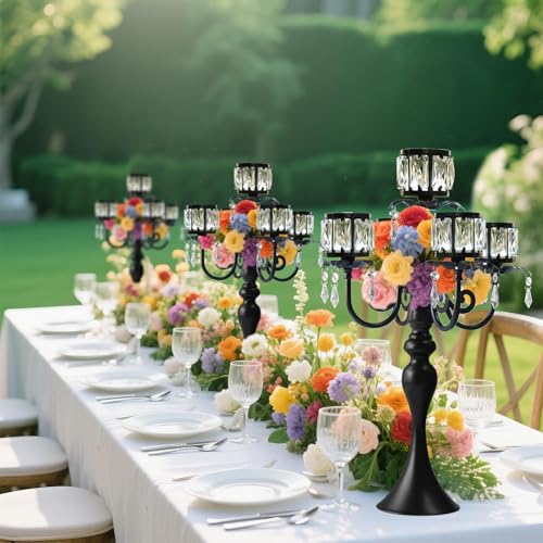 Crystal Candle Holder Set - Black 5-Arm with Square Crystal Bowl, 22-Inch Wedding Centerpiece - Variation of Square-Crystal Bowl / Black / 2