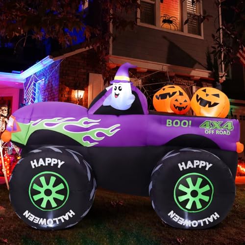 8 FT Halloween Inflatable Monster Truck with Ghost & Pumpkins Outdoor Decor
