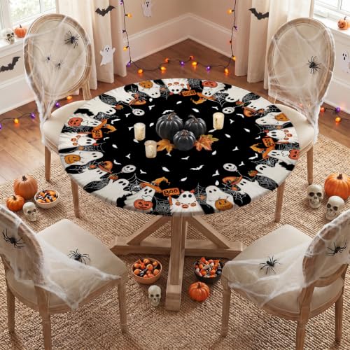 Halloween Fitted Round Tablecloth 45-56 inch Ghost Bat Black - Ghost Variation