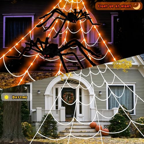 Kenburg 23Ft Large Orange Spider Web Halloween Decorations Outdoor Lights with 2 Giant Spiders & 8 Modes