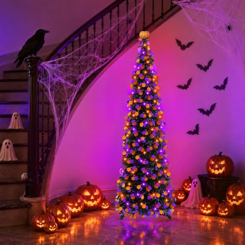 5FT Halloween Tinsel Tree with Orange Purple Lights, Collapsible Indoor Decor - Variation of THIS listing