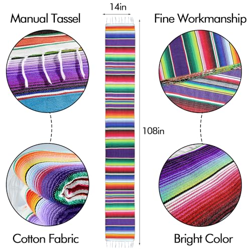 Purple Mexican Serape Table Runner 14 x 84 Inch for Fiesta & Wedding Decorations