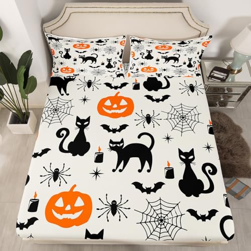 Feelyou Halloween Black Cat Bed Sheet Twin Size Pumpkin Ghost Cats Bedding Fitted Sheet - Halloween 31 No Flat Sheet