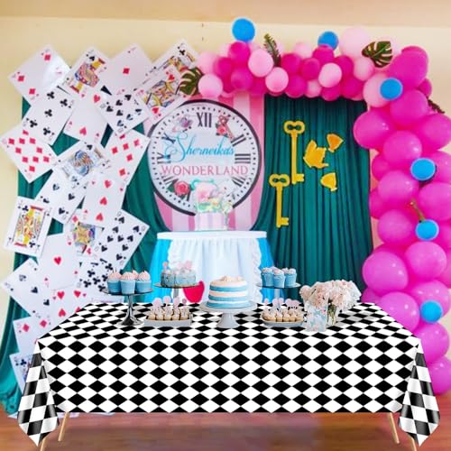 86x51 Inch Black and White Checkered Plastic Tablecloth - Racing & Halloween Theme - 4 Pack