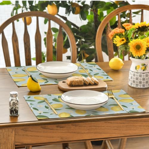 Blue Lemon Flower Floral Placemats Set of 4 - 12x18 Inch Summer Table Decor
