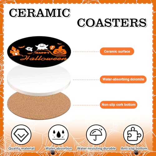 Halloween Ceramic Coasters Set - Orange and Black Trick or Treat Drink Mats for Table Protection