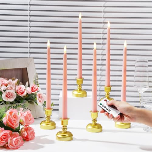 Pink Flameless Taper Candles with Remote Control Set - Realistic Flickering LED Lights for Holiday & Wedding Decor (24 Pack)