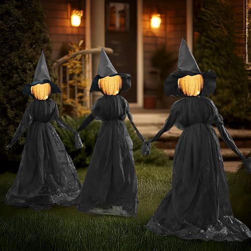 Halloween Witch Decorations Outdoor - 5 FT Set of 3 Light Up Witches Stakes - Black