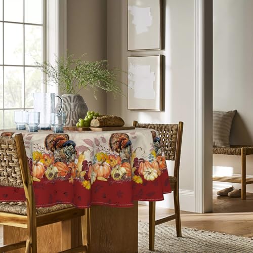 Horaldaily Thanksgiving Tablecloth 90x90 Inch Round - Turkey & Pumpkin Red