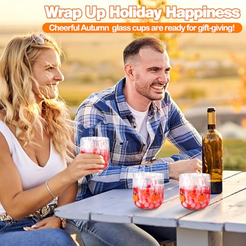 Thanksgiving Pumpkin Glass Cup Set - 14 oz Stemless Drinkware, 4 Pcs