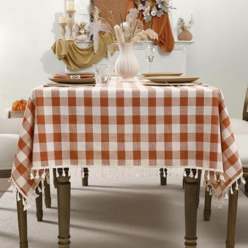 Romanstile Fall Gingham Tassel Tablecloth - Orange Plaid, 55x70 Inch Rectangular