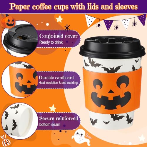 Umigy 48 Pack Halloween Bat Style Disposable Coffee Cups 12 oz with Lids & Sleeves