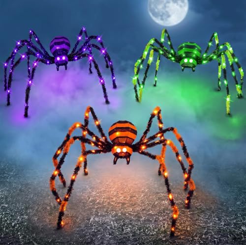 Giant Lighted Halloween Spider Set - 4.1 Ft Creepy Yard Decorations with 8 Lighting Modes