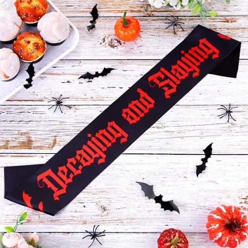 Halloween Decaying and Slaying Sash with Bat Theme Party Supplies, Black Red