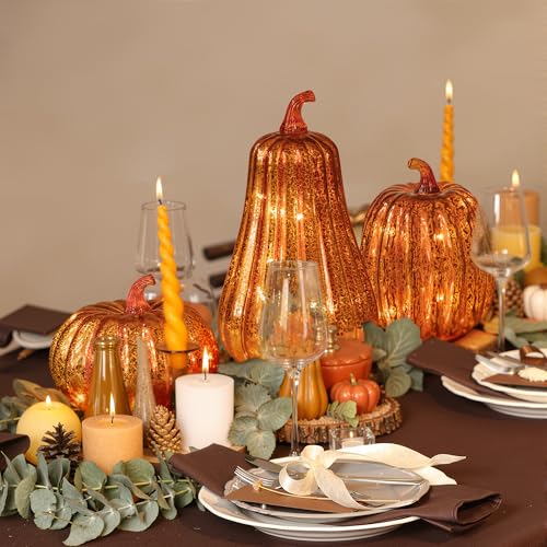 Set of 3 Glass Pumpkin Lights with Timer - Fall Halloween Thanksgiving Decor