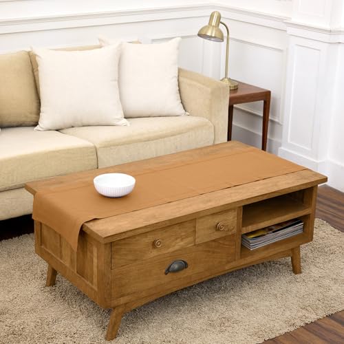 Linen Table Runner Brown Sugar 14 x 60 in Hemstitch - Handcrafted European Flax