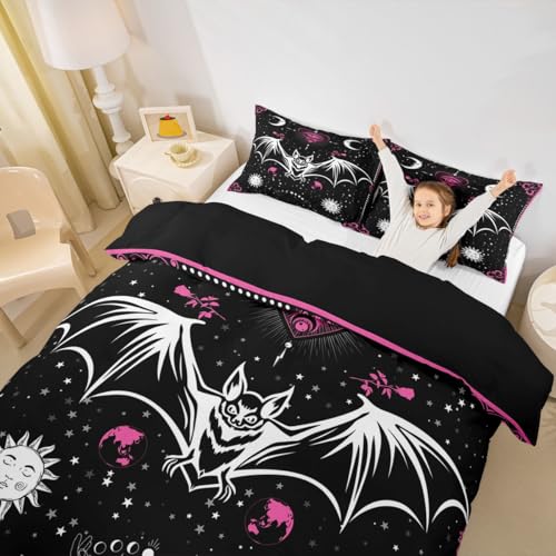 Gothic Bat Twin Duvet Cover Set No Comforter Kids Bedroom Decor Pink Floral