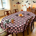 Cute Checkered Halloween Tablecloth 72x54 Inch Oval - Pink & Black Pumpkin Ghost Skull Decor