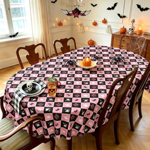 Cute Checkered Halloween Tablecloth 72x54 Inch Oval - Pink & Black Pumpkin Ghost Skull Decor
