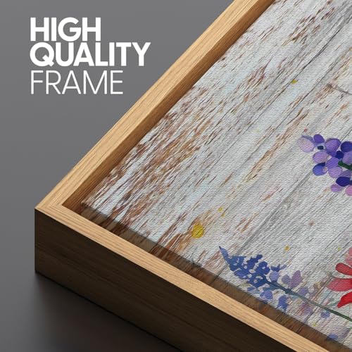 Wood Framed Colorful Wildflower Wall Art - Farmhouse Canvas Decor 14x48” - Flower Landscape