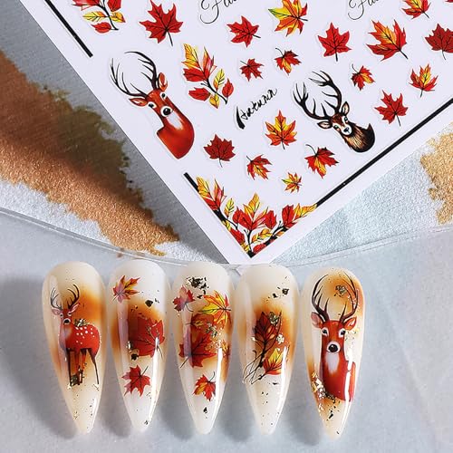 Fall Nail Stickers for Nail Art Maple Leaf Decals 6PCS Autumn Leaves Deer Design - Fall-03