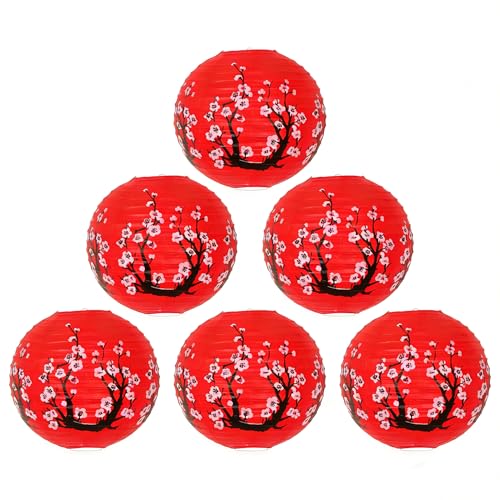 Cherry Flowers Red Paper Lanterns - 6 Pack 12-Inch Chinese Japanese Hanging Decor