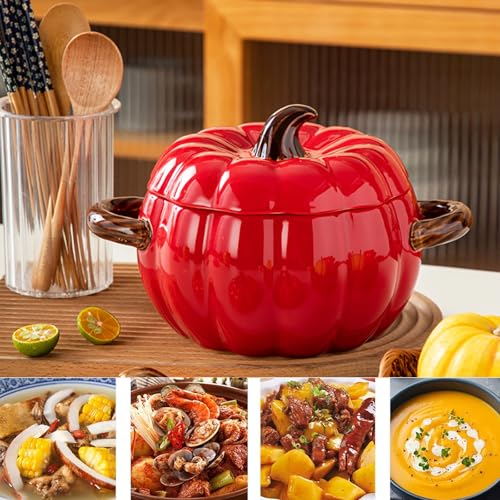 Dutch Oven Pot with Lid - Pumpkin Ceramic Casserole & Baking Dish - Red - Mini Dessert Saucepan