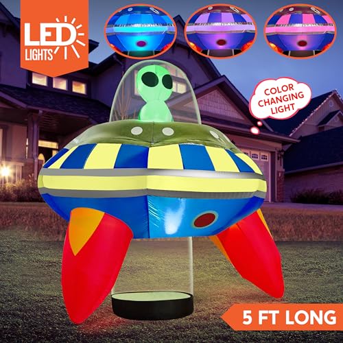 5 FT Inflatable UFO Alien Halloween Yard Decoration with Colorful LEDs