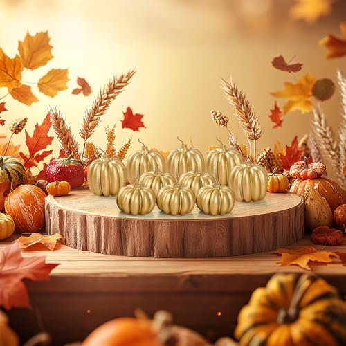 Gold Pumpkin Candles Set of 12 - Halloween & Thanksgiving Decor, 2 Sizes