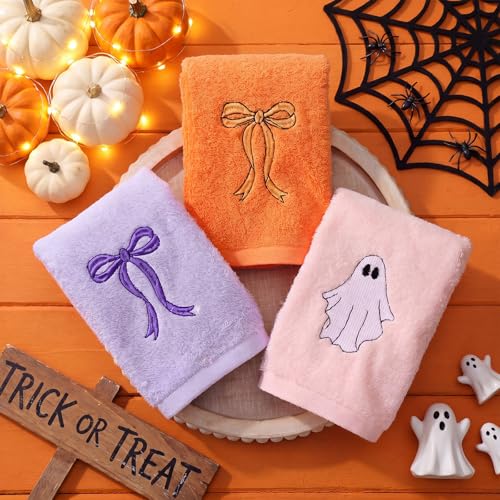 Halloween Ghost Hand Towels Set - Purple Orange 3 Pcs Bathroom Cotton Towels with Embroidery - Variation of THIS listing