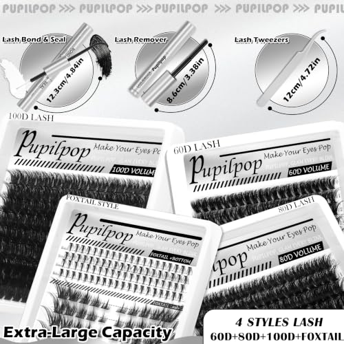 Fox Eye Lash Clusters Kit - 4 Styles with Bottom Lashes, 60D/80D/100D, Fox Eye Variation