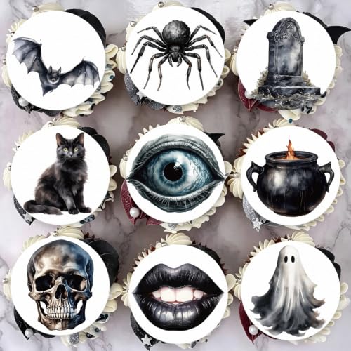 Gothic Halloween Edible Cupcake Toppers 36PCS - Black Cat Bat Castle Design D- Gothic