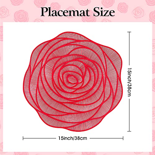 Red Rose Flower Shaped Placemat Set of 4 - Elegant Circular Vinyl Table Mats