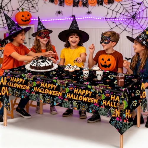 Halloween Disposable Plastic Tablecloths Set - Black Neon Pumpkins Bats Ghosts 5 Pack