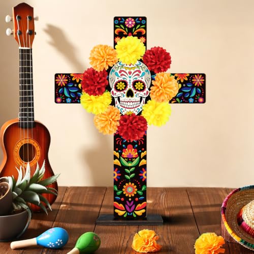Colorful Large Day of the Dead Wooden Cross Tabletop Decor - Mexican Halloween Altar Centerpiece